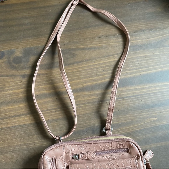 Multi Sac Purse Floral Embossed Crossbody Bag Tan Adjustable Strap Zip Pockets - Picture 2 of 15
